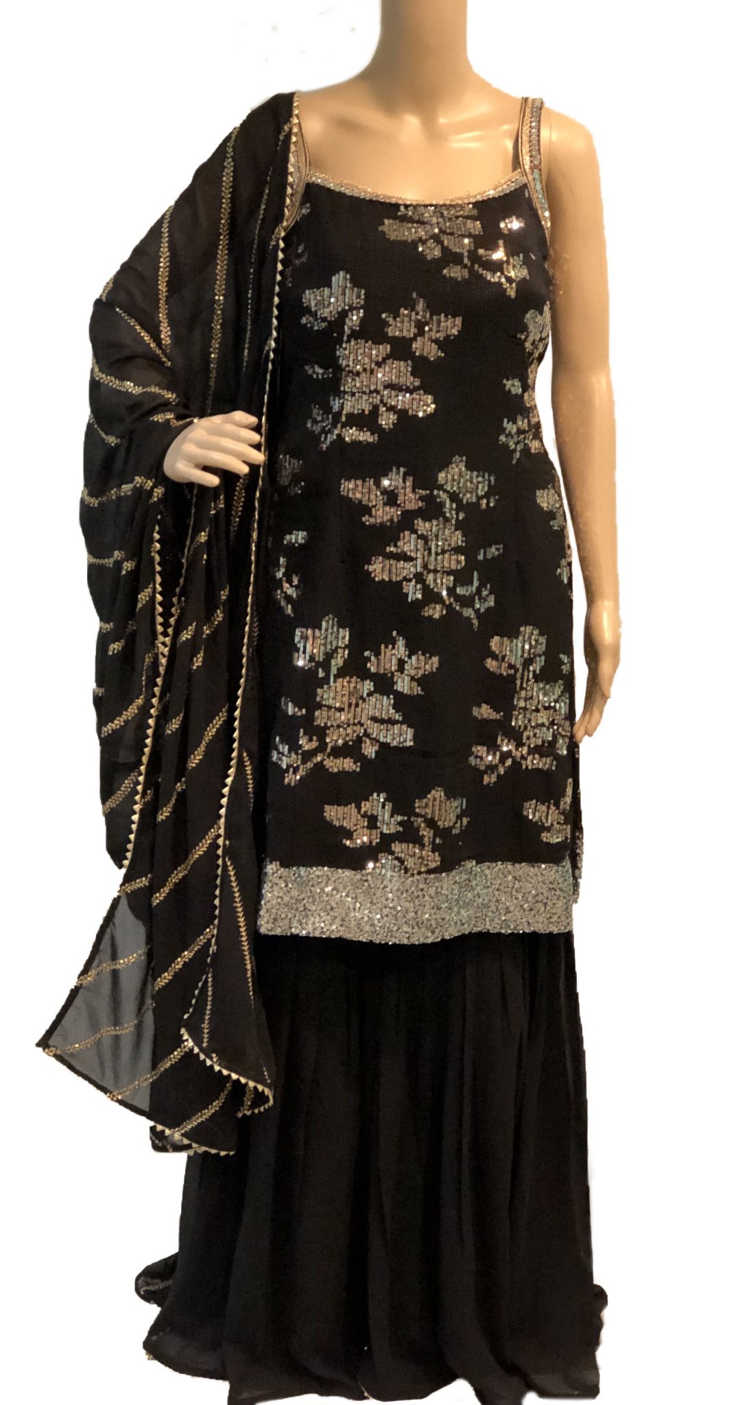 Black Colour Sharara Suit With Georgette Codding Embroidery Work